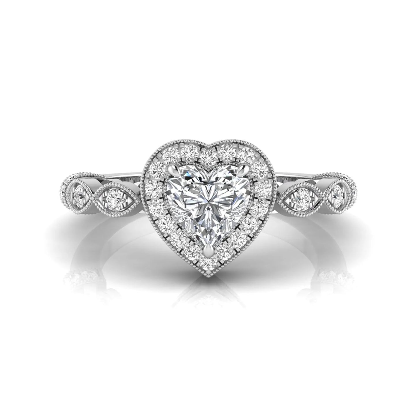 Heart cut halo lab grown diamond engagement ring with round diamond halo, infinity-inspired band, and white gold metal tone.