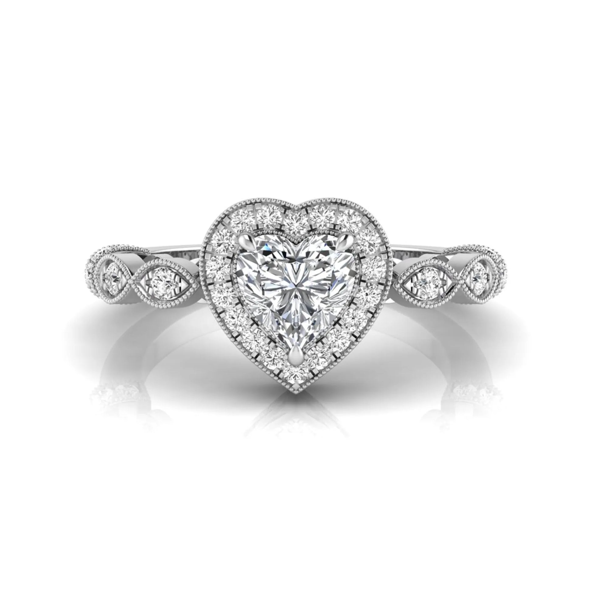Heart cut halo lab grown diamond engagement ring with round diamond halo, infinity-inspired band, and white gold metal tone.