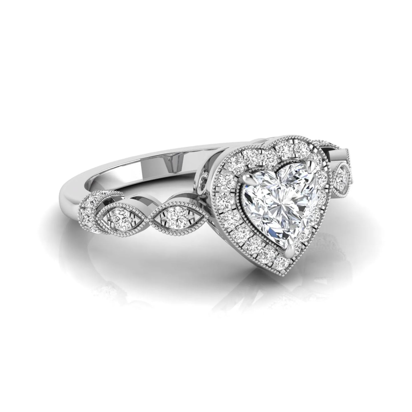 Heart cut halo lab grown diamond engagement ring with round diamond halo, infinity-inspired band, and white gold metal tone.