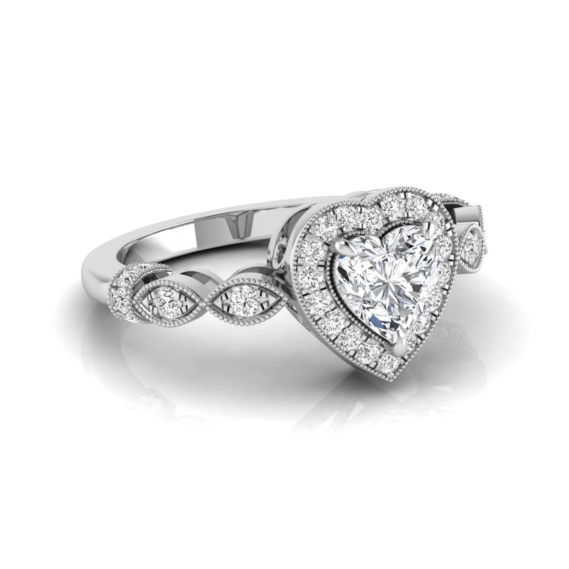 Heart cut halo lab grown diamond engagement ring with round diamond halo, infinity-inspired band, and white gold metal tone.
