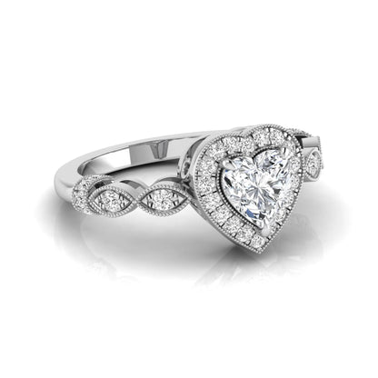 Heart cut halo lab grown diamond engagement ring with round diamond halo, infinity-inspired band, and white gold metal tone.
