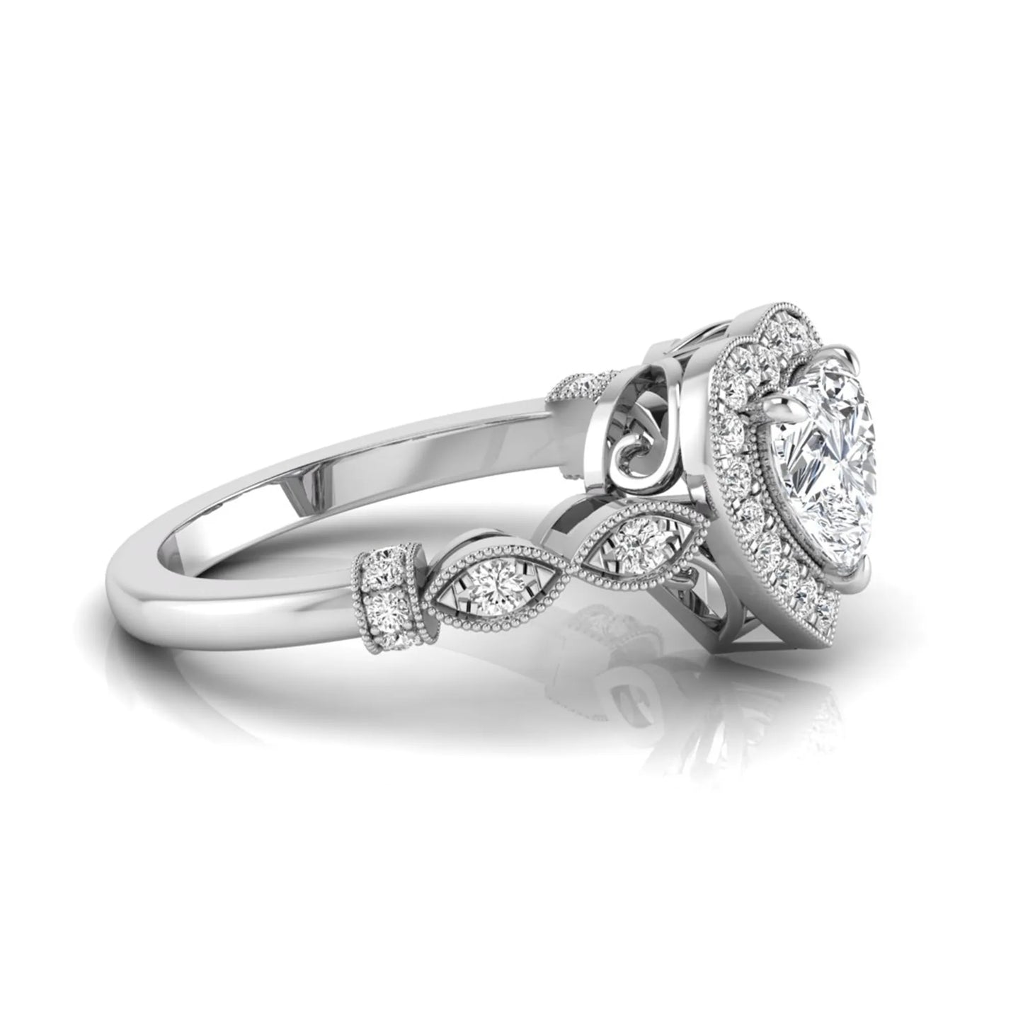 Heart cut halo lab grown diamond engagement ring with round diamond halo, infinity-inspired band, and white gold metal tone.