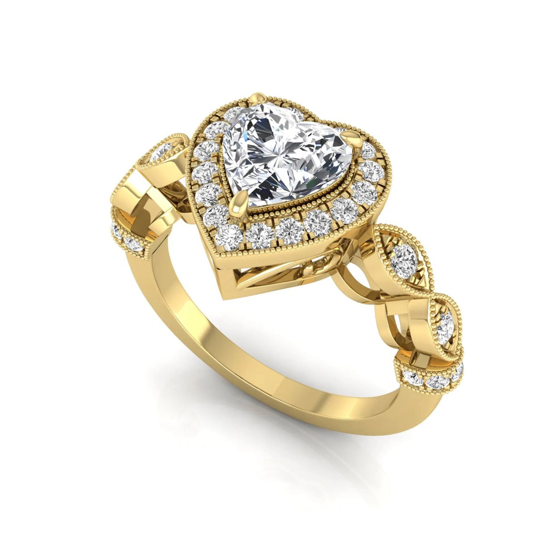 Heart cut halo lab grown diamond engagement ring with round diamond halo, infinity-inspired band, and yellow gold metal tone.