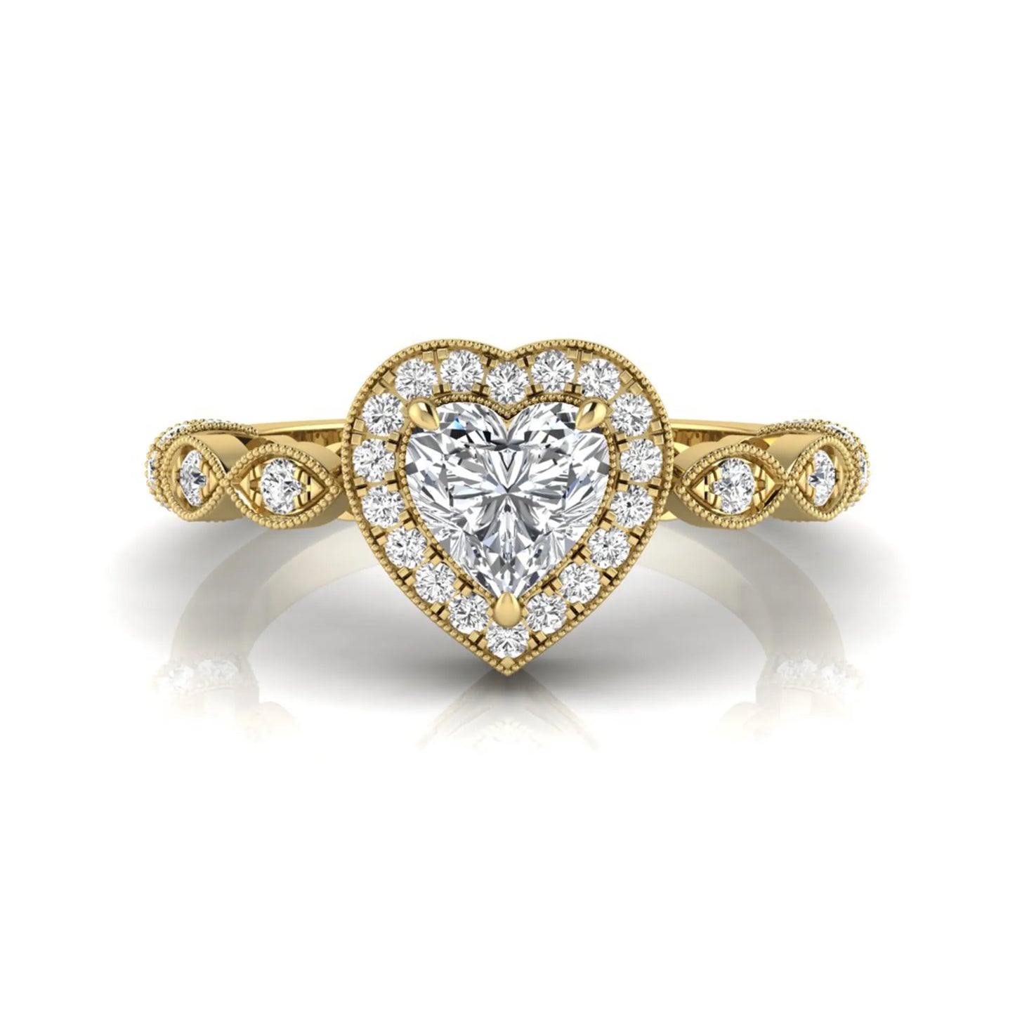 Heart cut halo lab grown diamond engagement ring with round diamond halo, infinity-inspired band, and yellow gold metal tone.