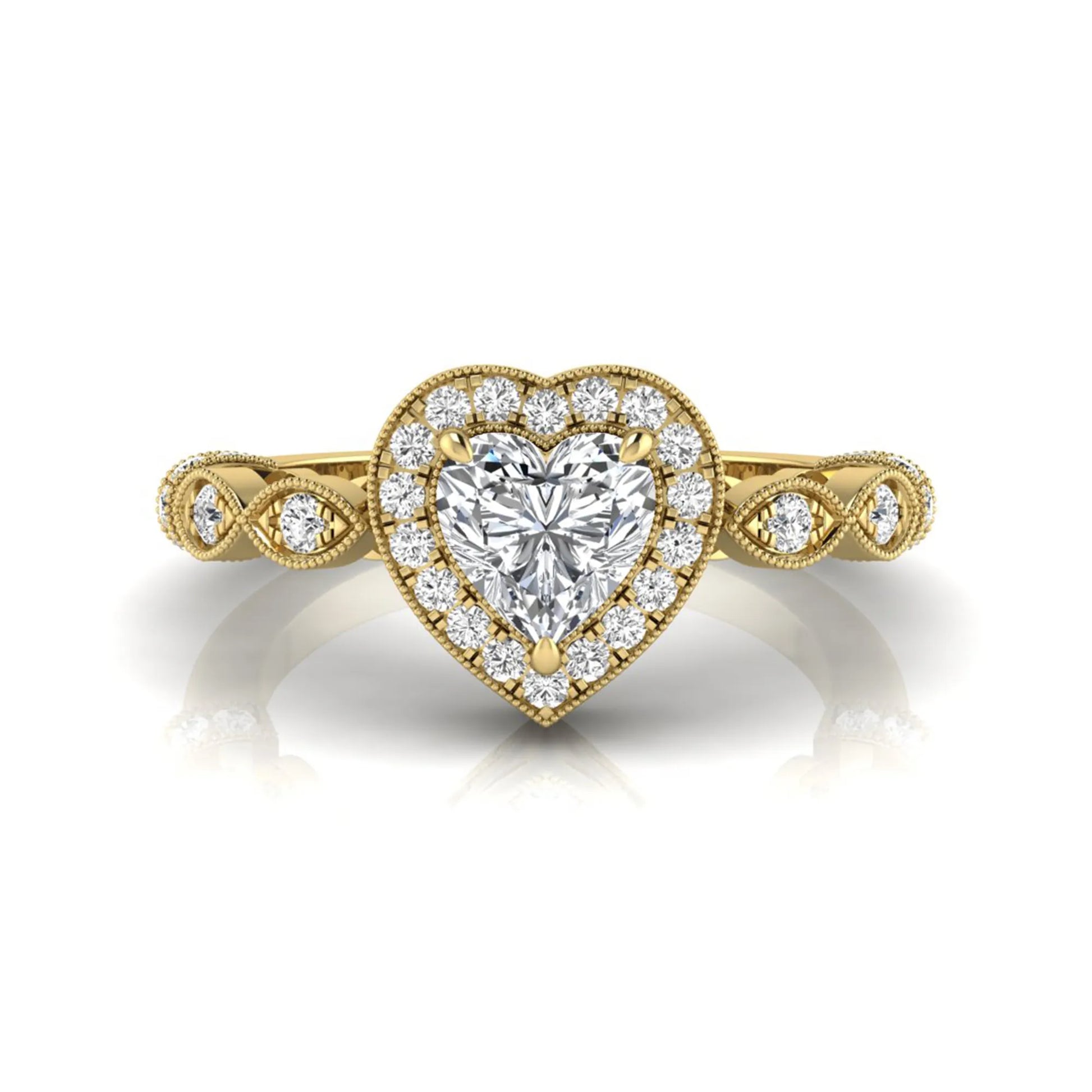 Heart cut halo lab grown diamond engagement ring with round diamond halo, infinity-inspired band, and yellow gold metal tone.