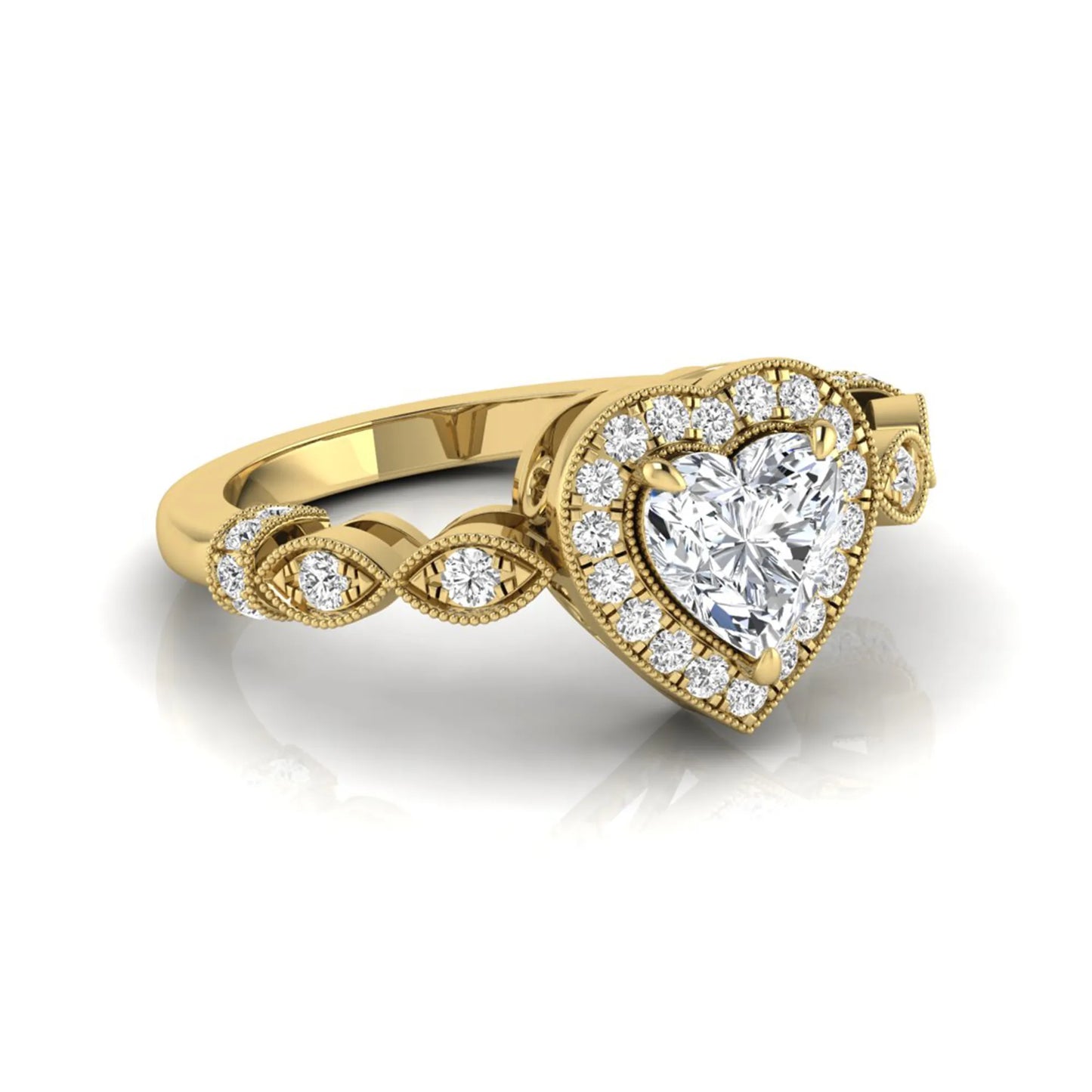 Heart cut halo lab grown diamond engagement ring with round diamond halo, infinity-inspired band, and yellow gold metal tone.