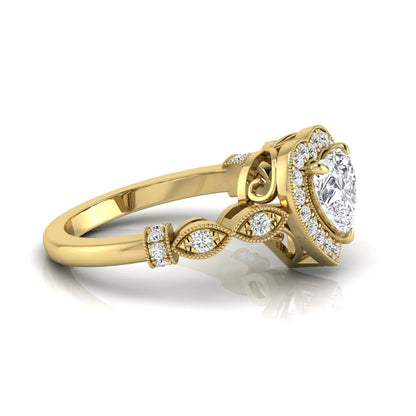 Heart cut halo lab grown diamond engagement ring with round diamond halo, infinity-inspired band, and yellow gold metal tone.
