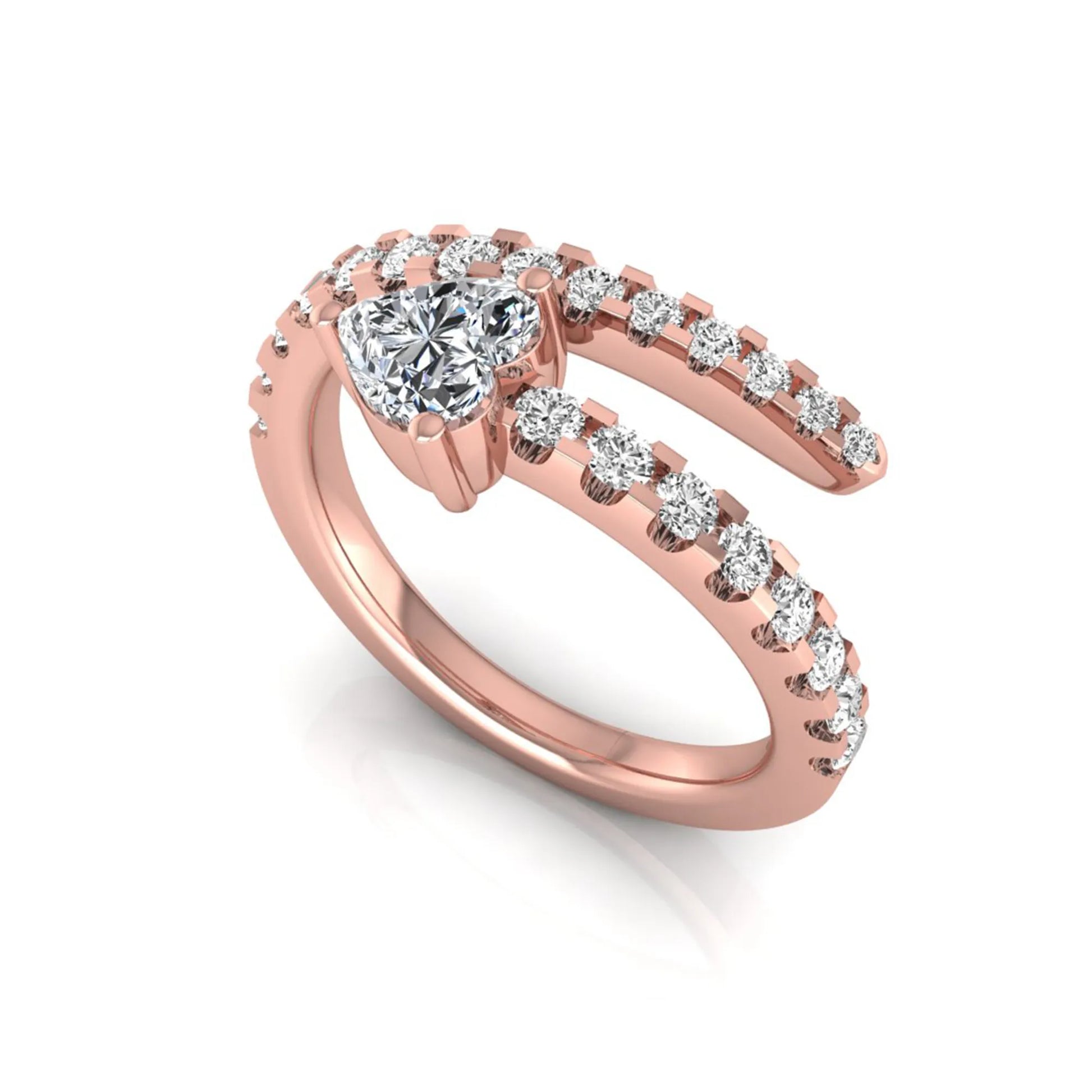 Heart cut lab grown diamond double wrap ring with pavé round diamond bands in polished rose gold.