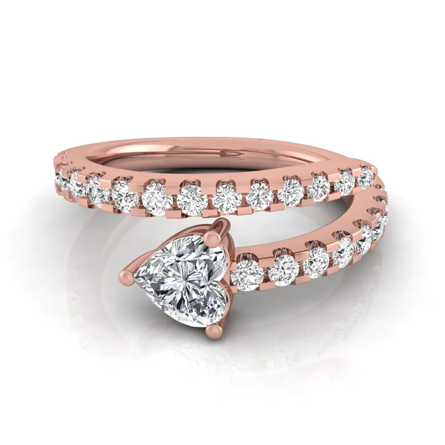 Heart cut lab grown diamond double wrap ring with pavé round diamond bands in polished rose gold.