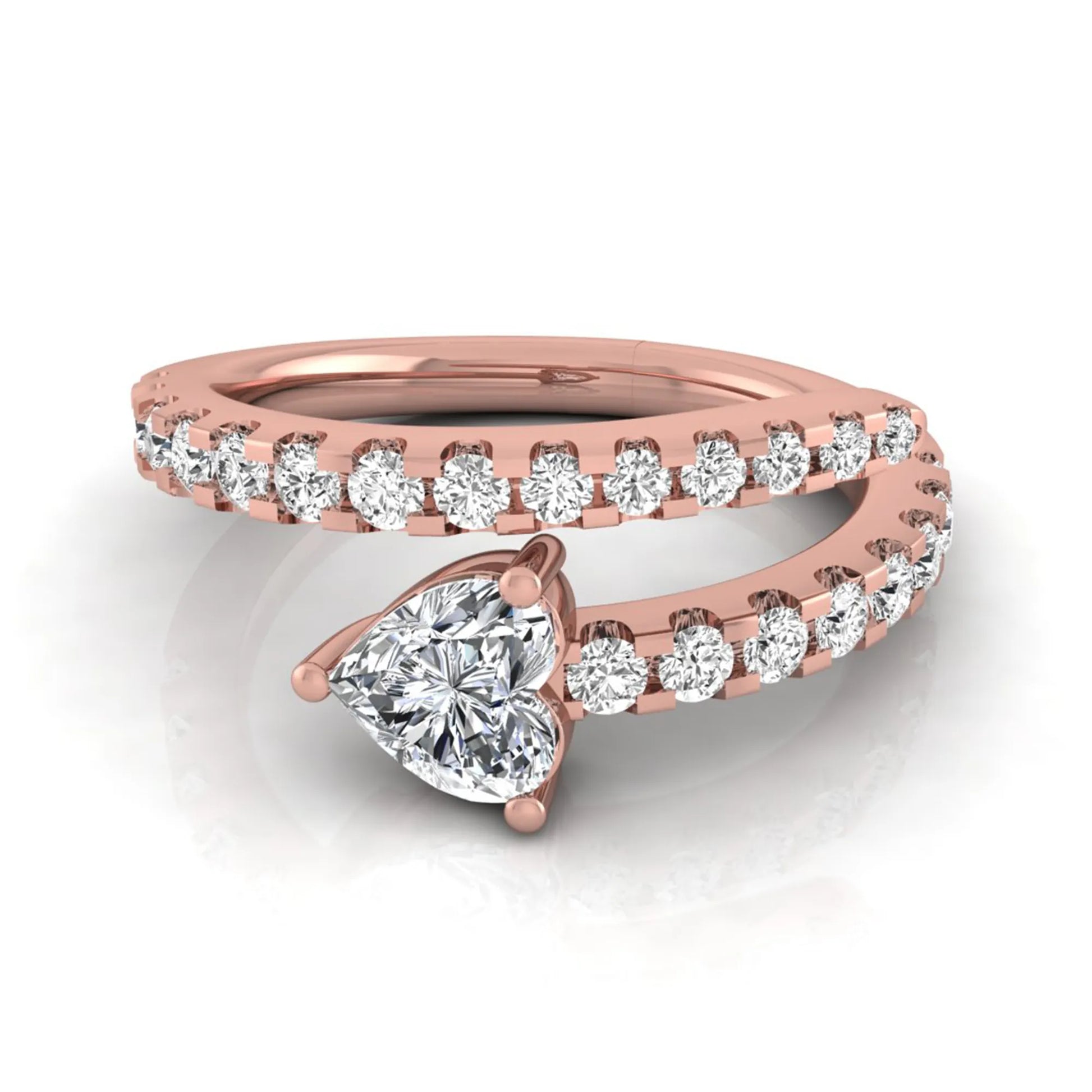 Heart cut lab grown diamond double wrap ring with pavé round diamond bands in polished rose gold.