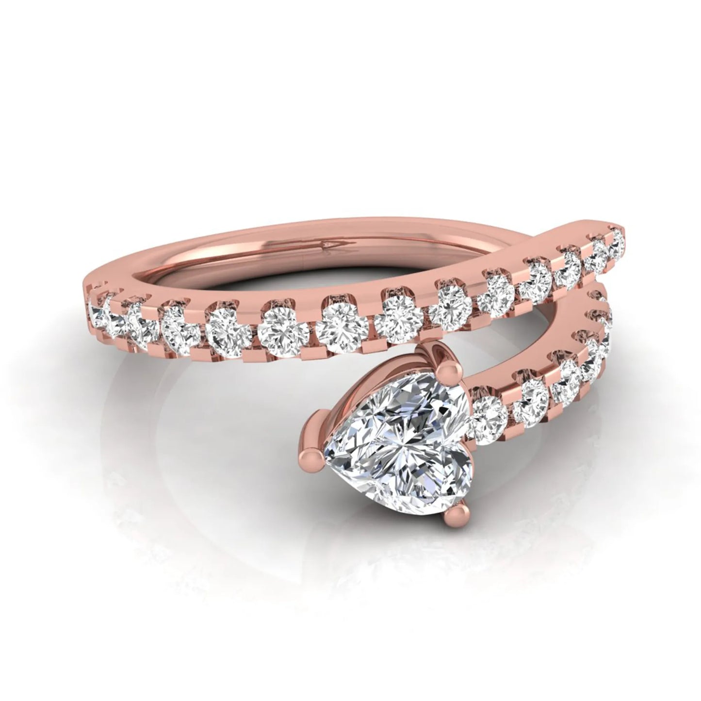 Heart cut lab grown diamond double wrap ring with pavé round diamond bands in polished rose gold.