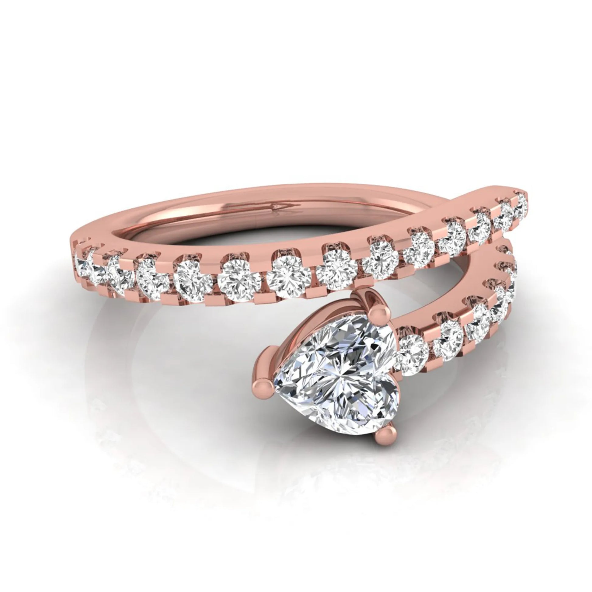 Heart cut lab grown diamond double wrap ring with pavé round diamond bands in polished rose gold.