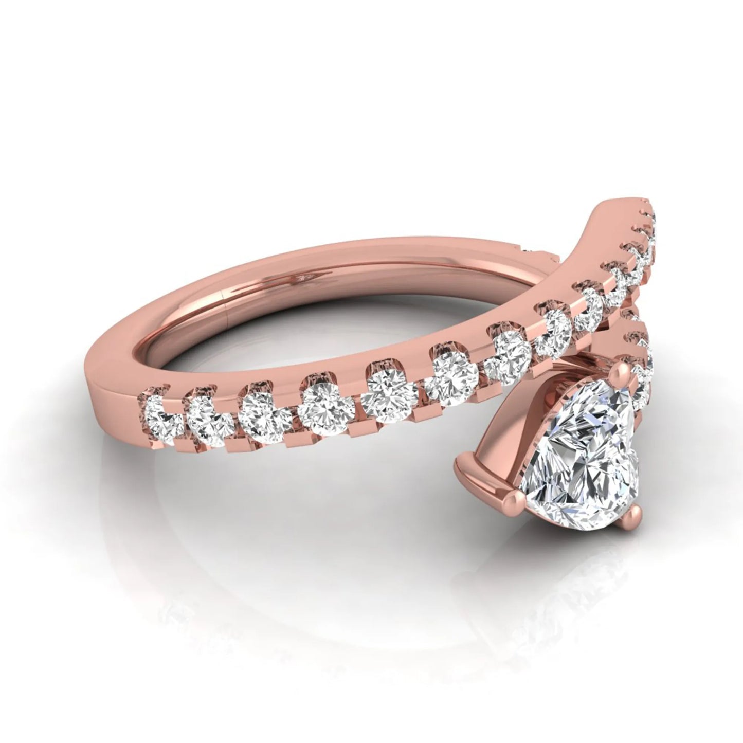 Heart cut lab grown diamond double wrap ring with pavé round diamond bands in polished rose gold.