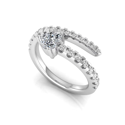 Heart cut lab grown diamond double wrap ring with pavé round diamond bands in polished white gold.