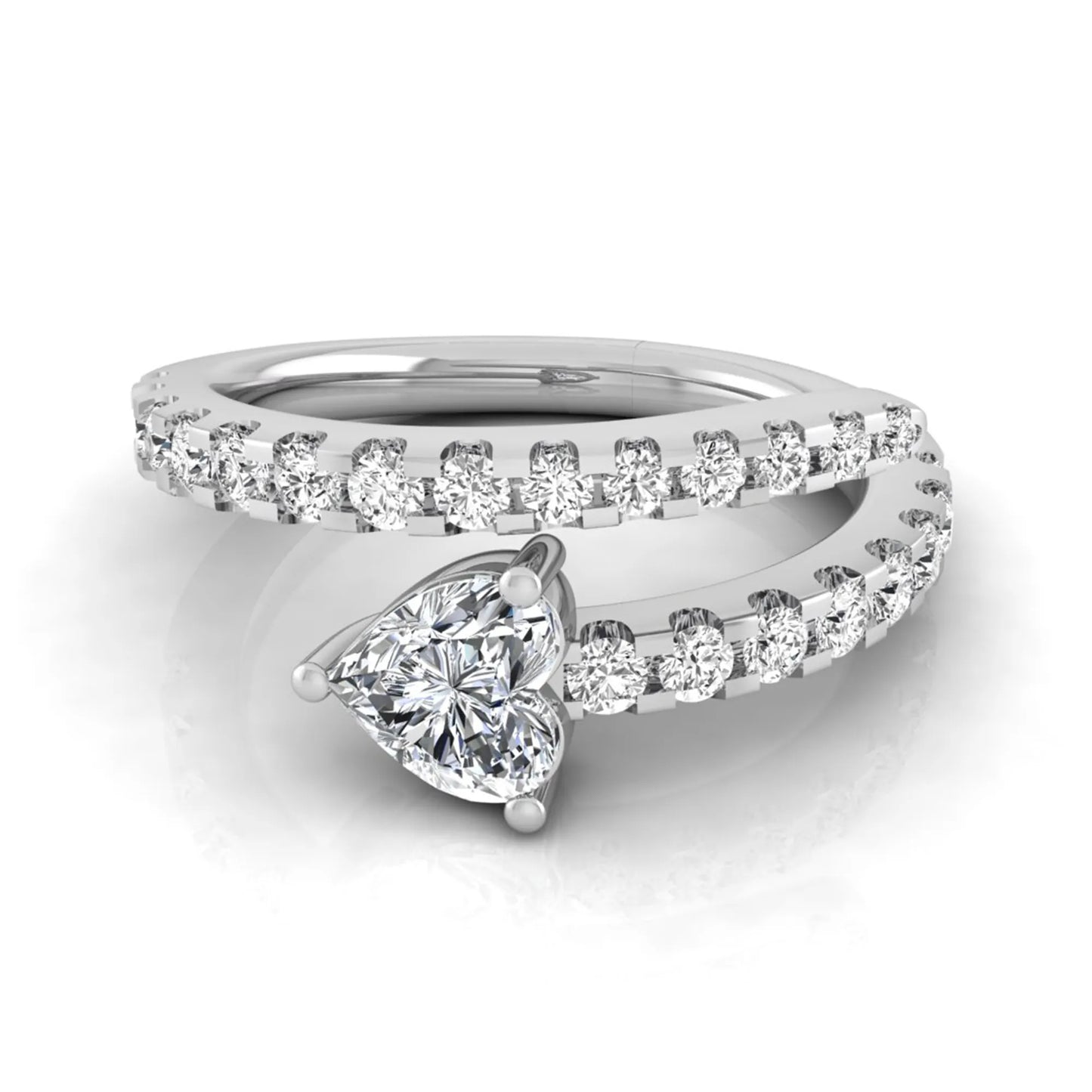 Heart cut lab grown diamond double wrap ring with pavé round diamond bands in polished white gold.