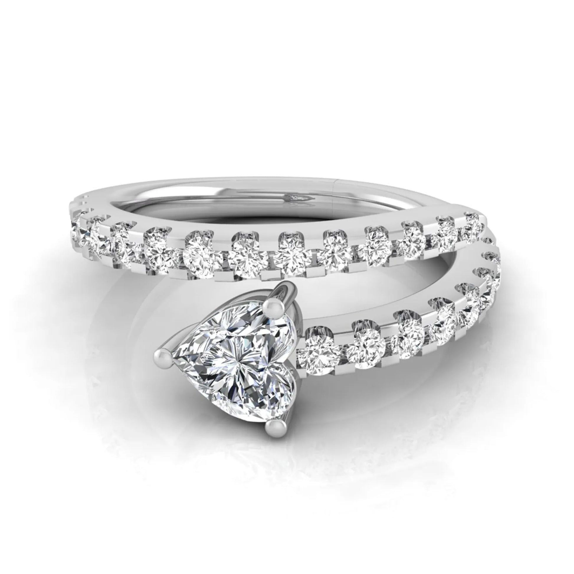 Heart cut lab grown diamond double wrap ring with pavé round diamond bands in polished white gold.