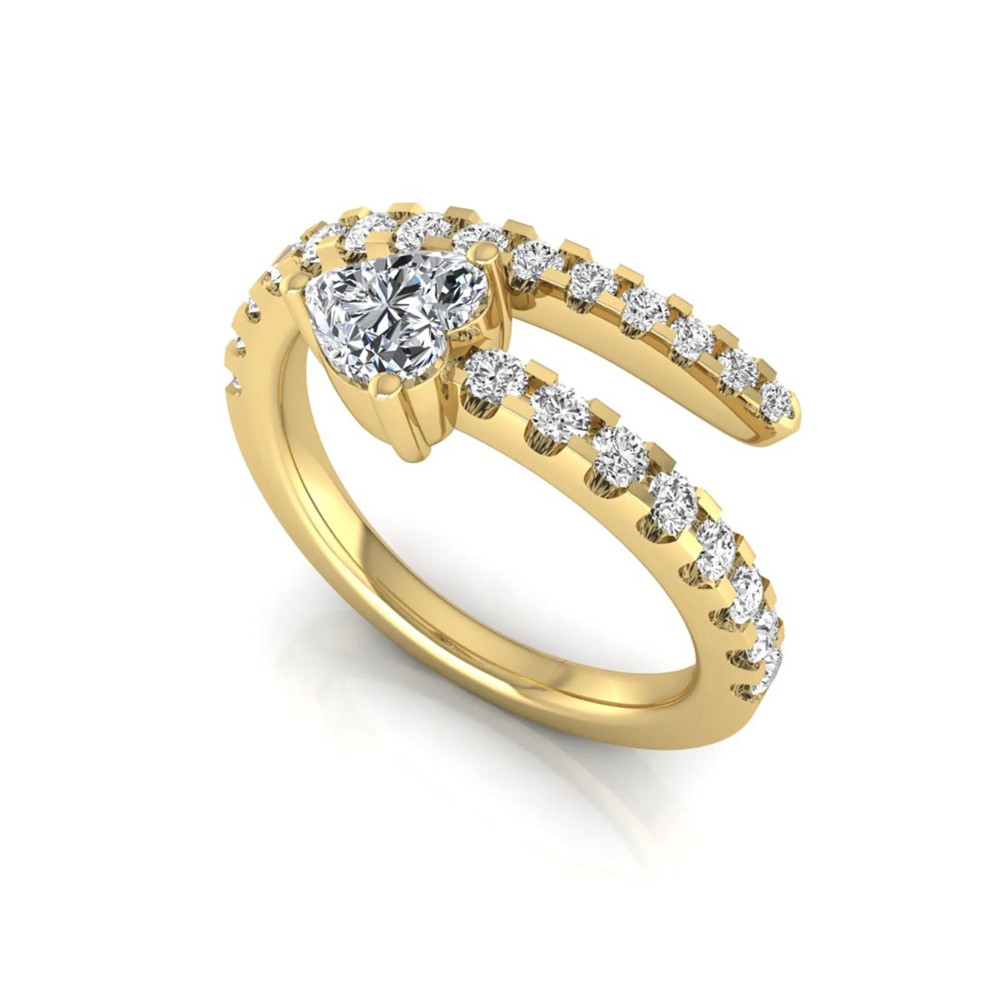 Heart cut lab grown diamond double wrap ring with pavé round diamond bands in polished yellow gold.