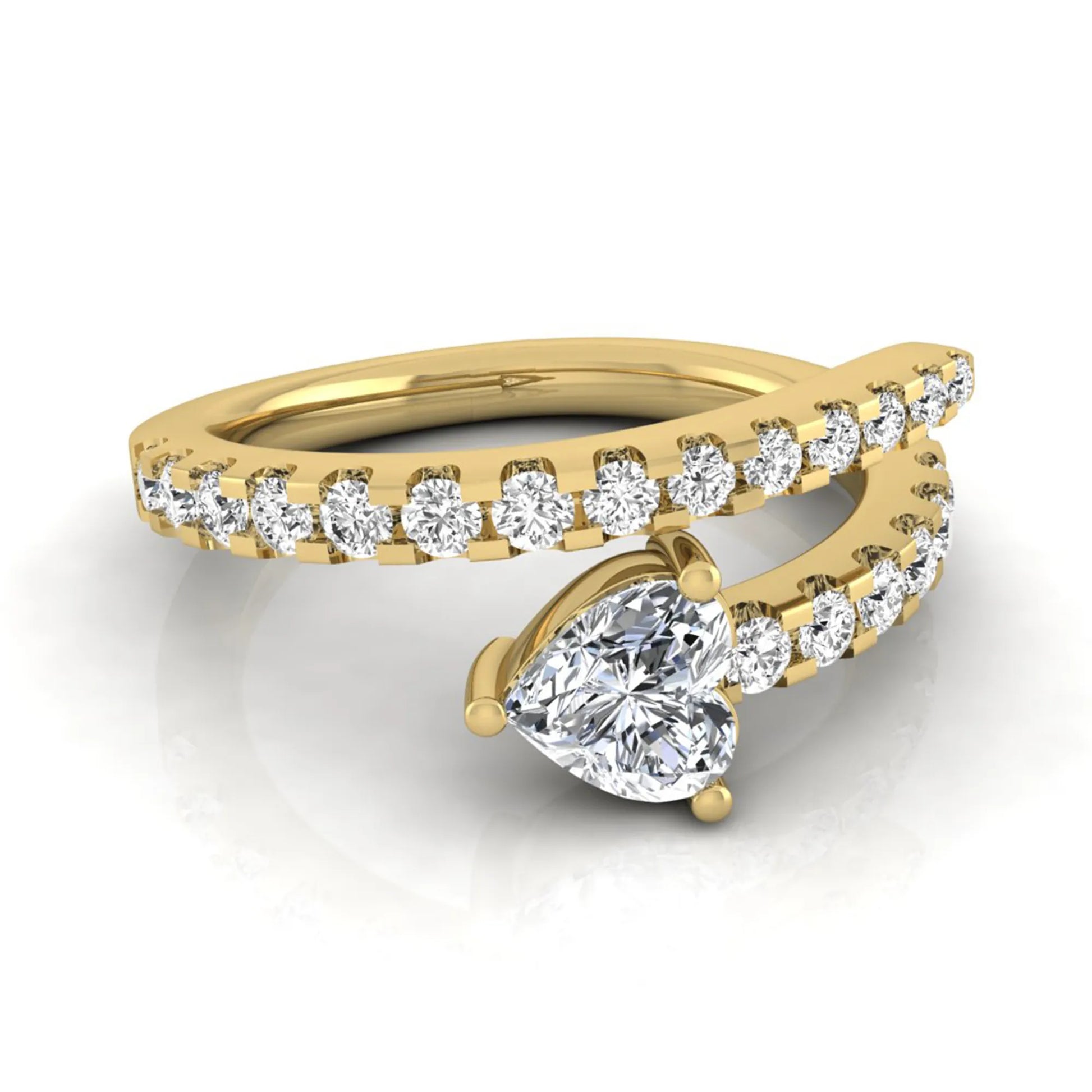 Heart cut lab grown diamond double wrap ring with pavé round diamond bands in polished yellow gold.