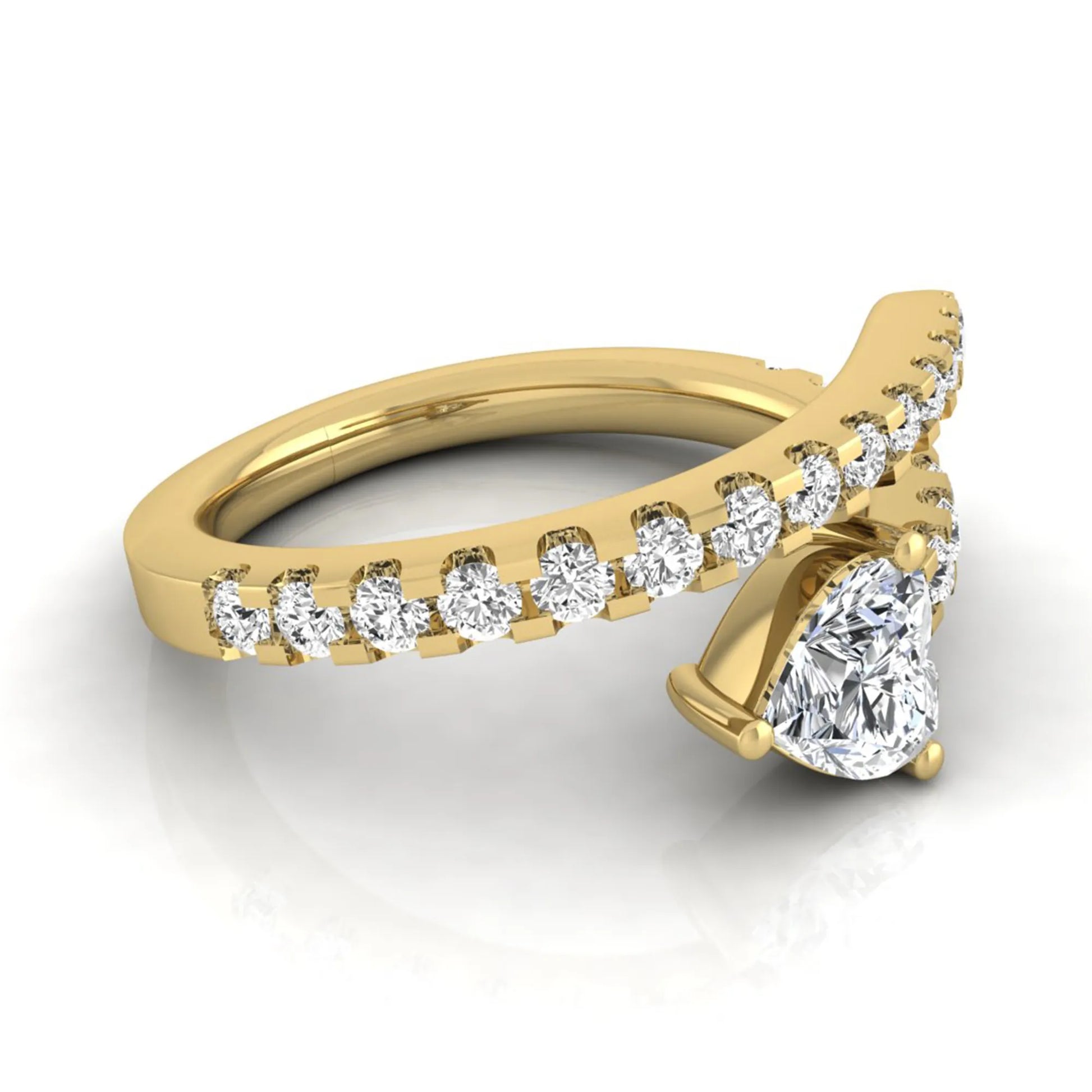 Heart cut lab grown diamond double wrap ring with pavé round diamond bands in polished yellow gold.