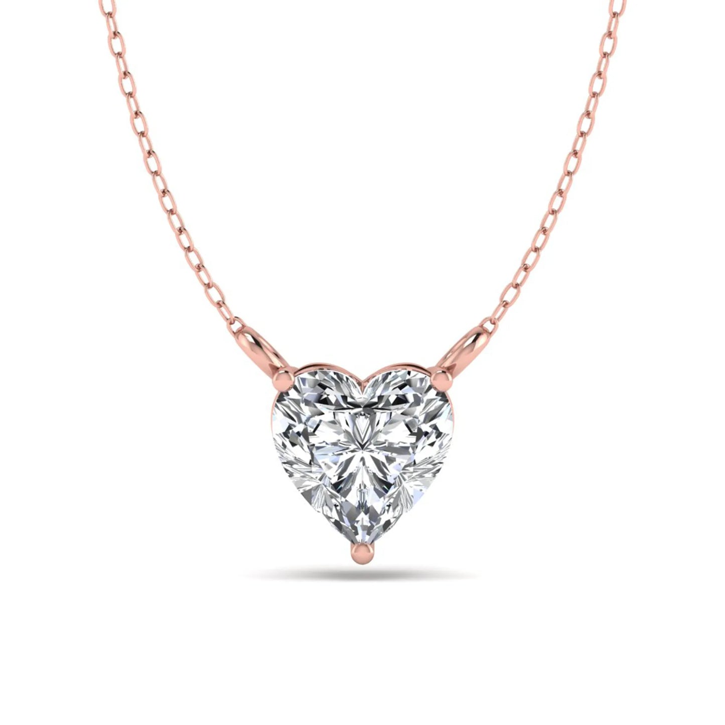 Heart cut lab grown diamond solitaire pendant necklace in three-prong setting with Rose gold tone chain