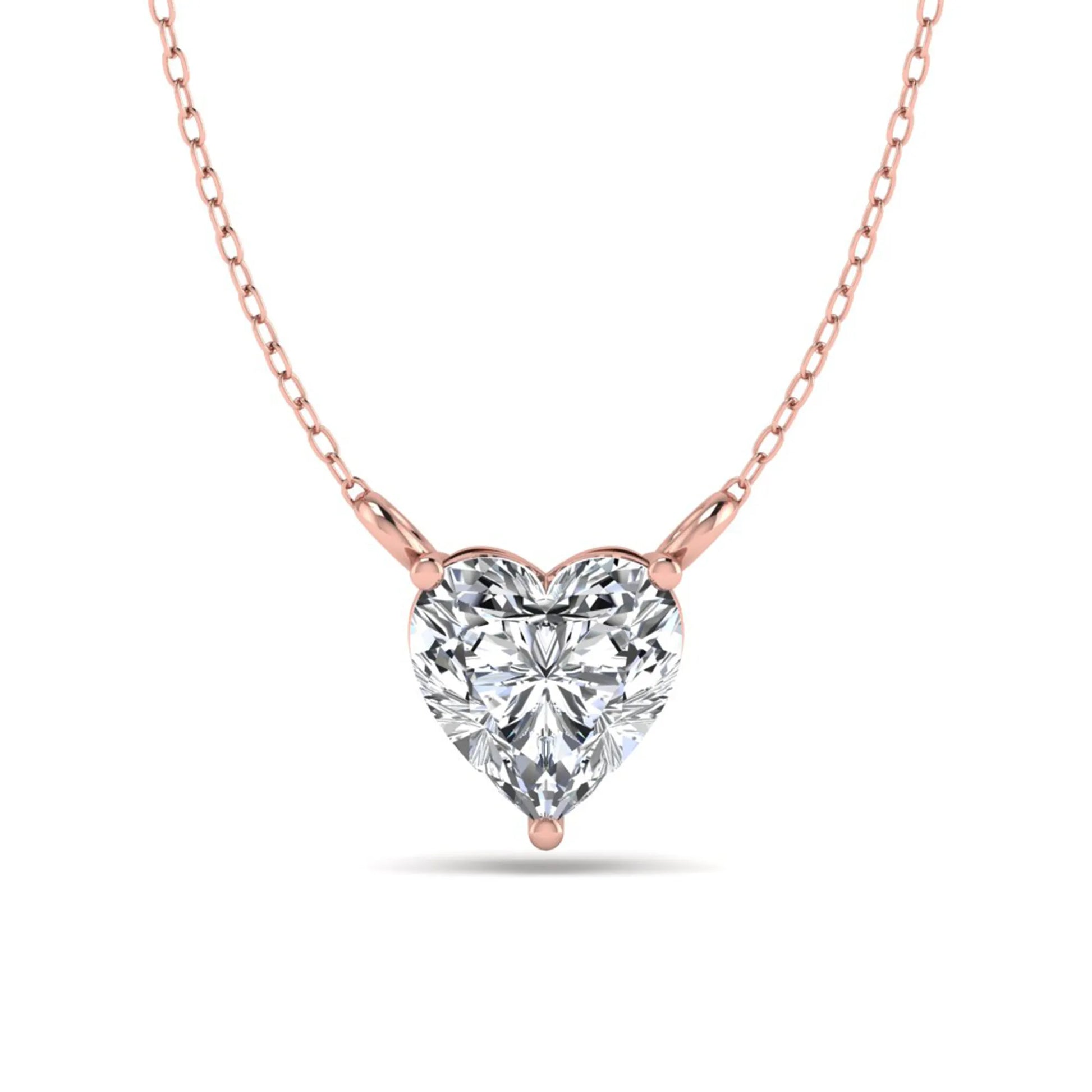 Heart cut lab grown diamond solitaire pendant necklace in three-prong setting with Rose gold tone chain