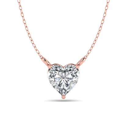 Heart cut lab grown diamond solitaire pendant necklace in three-prong setting with Rose gold tone chain