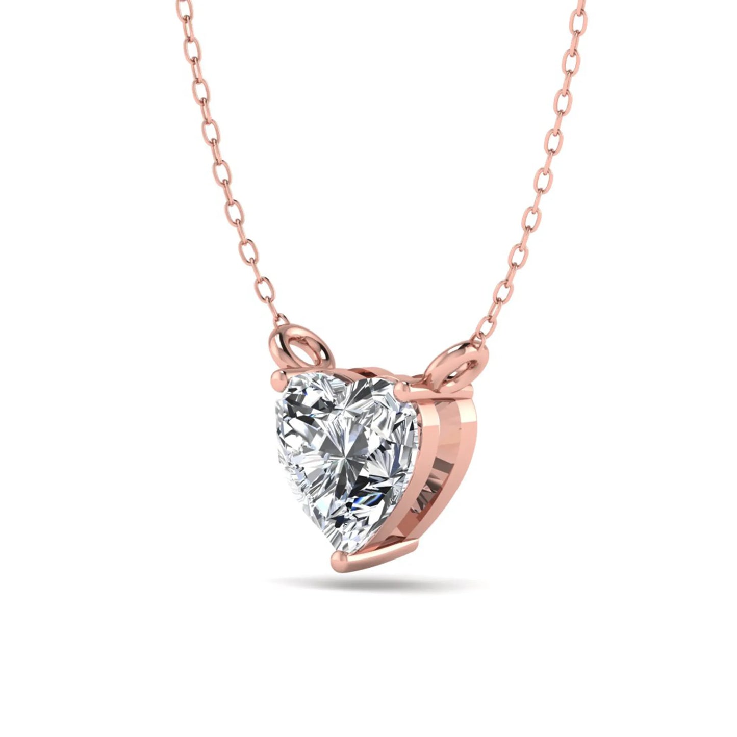 Heart cut lab grown diamond solitaire pendant necklace in three-prong setting with rose gold tone chain