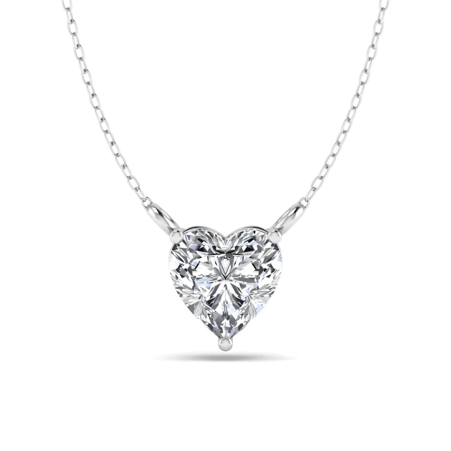Heart cut lab grown diamond solitaire pendant necklace in three-prong setting with white gold tone chain
