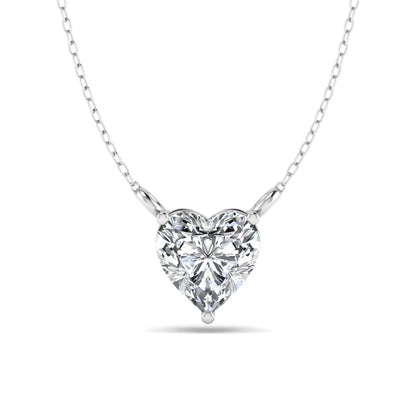 Heart cut lab grown diamond solitaire pendant necklace in three-prong setting with white gold tone chain