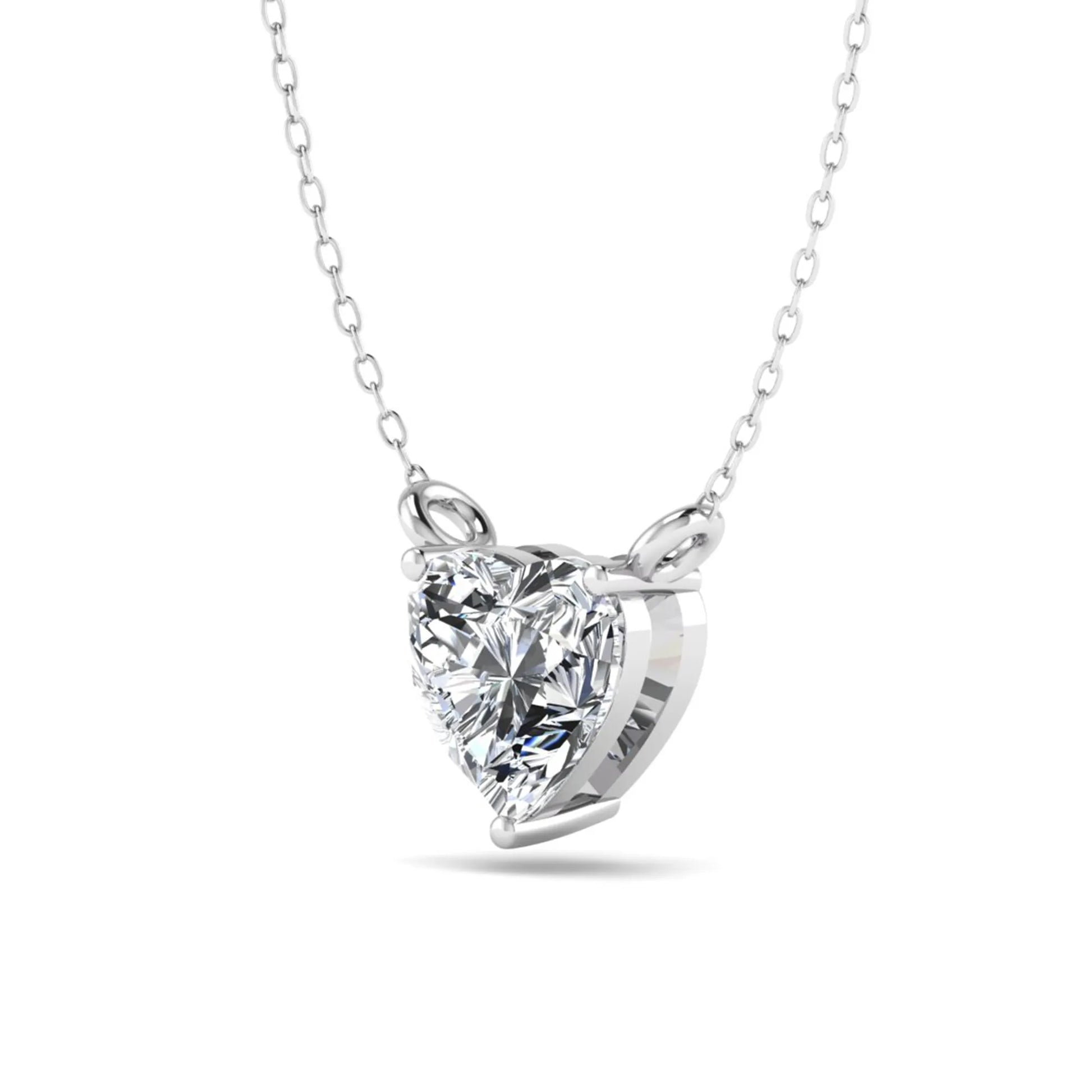 Heart cut lab grown diamond solitaire pendant necklace in three-prong setting with white gold tone chain
