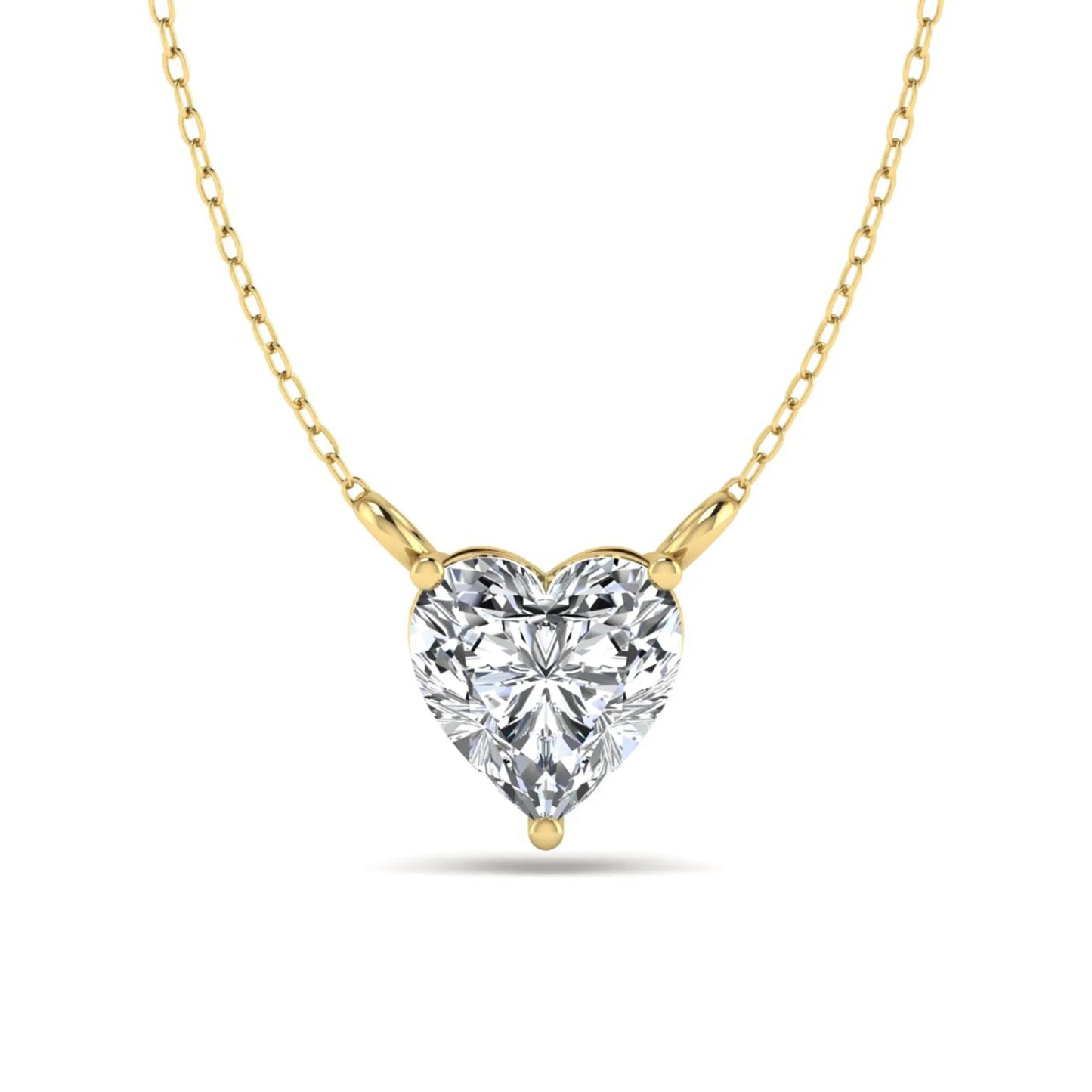 Heart cut lab grown diamond solitaire pendant necklace in three-prong setting with yellow gold tone chain