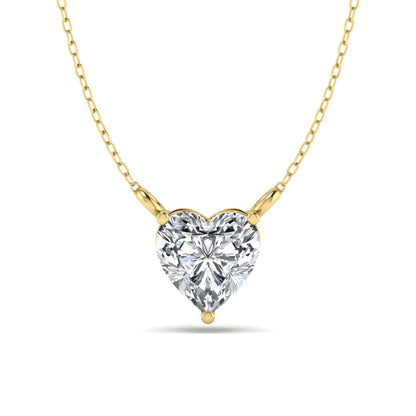 Heart cut lab grown diamond solitaire pendant necklace in three-prong setting with yellow gold tone chain