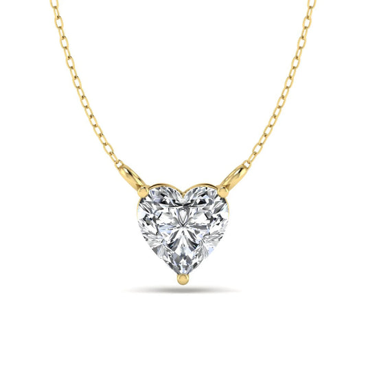 Heart cut lab grown diamond solitaire pendant necklace in three-prong setting with yellow gold tone chain