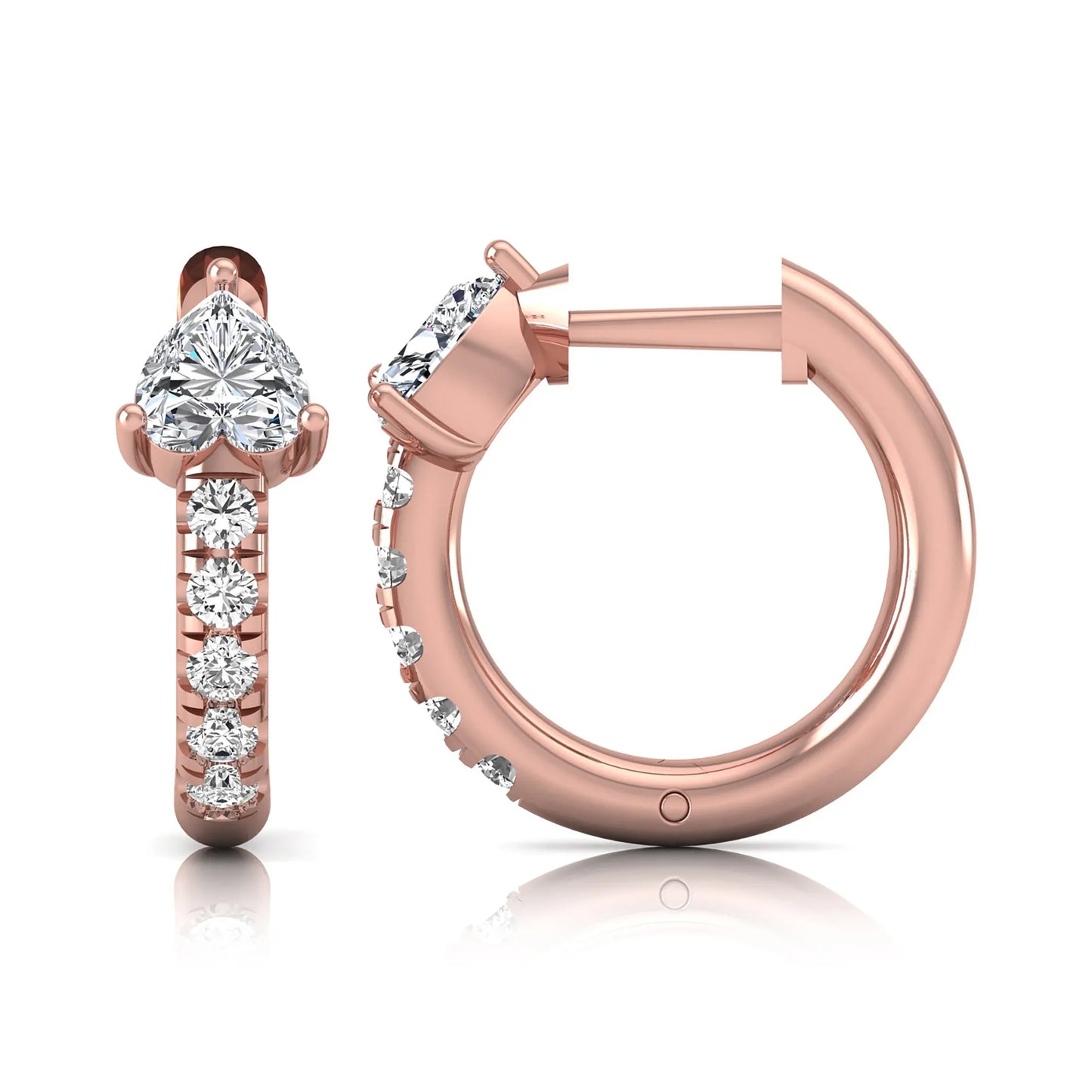 Heart cut lab grown diamond huggie hoop earrings featuring a three prong basket set center diamond with round brilliant pavé diamonds on a rose gold hoop.