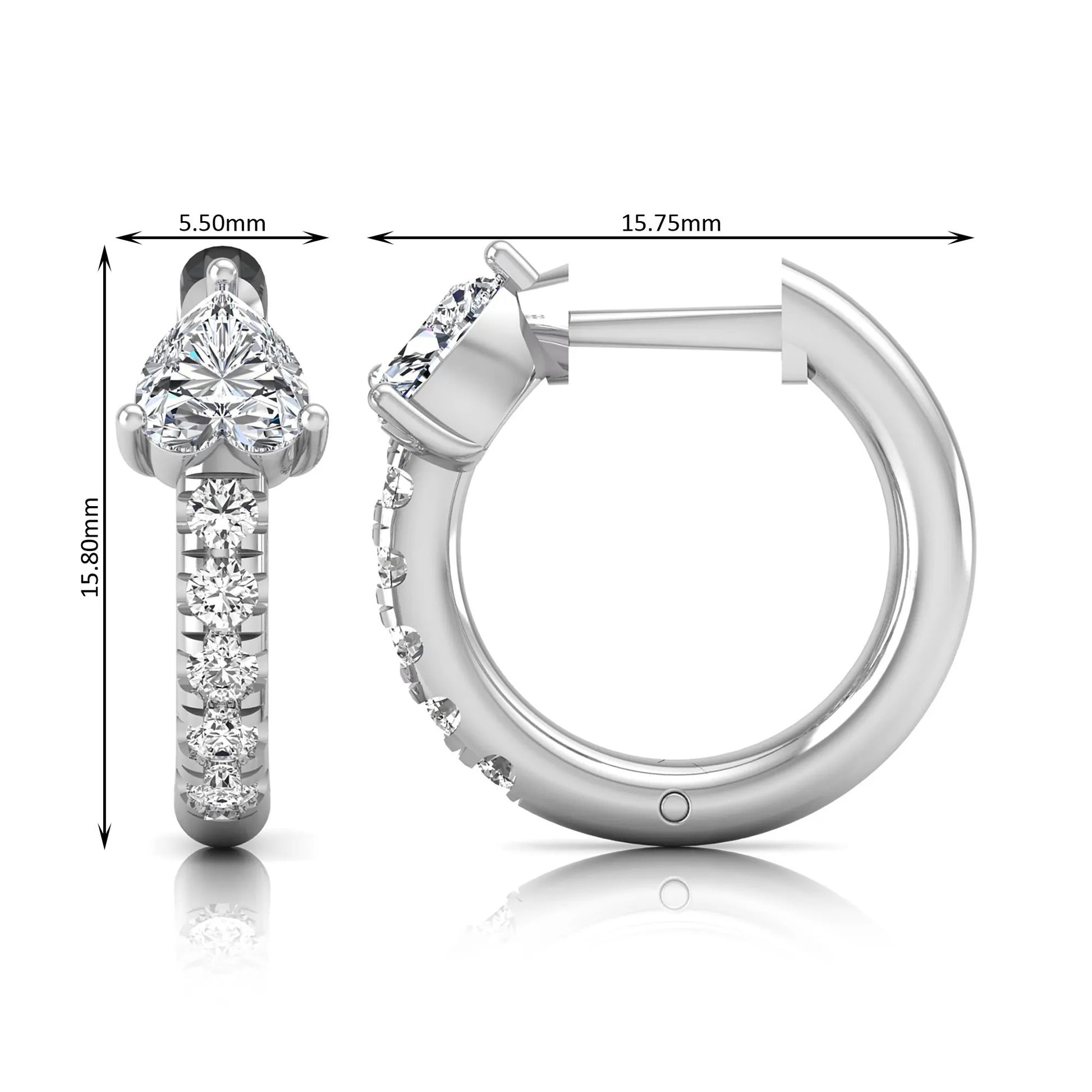 Heart cut lab grown diamond huggie hoop earrings featuring a three prong basket set center diamond with round brilliant pavé diamonds on a white gold hoop.