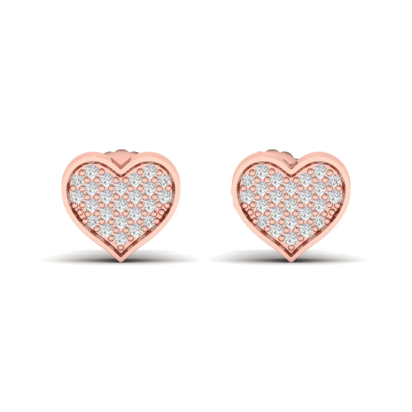 Heart-shaped pavé round cut lab grown diamond stud earrings with clustered diamonds, polished heart border, and secure screw back closure in a rose gold tone.