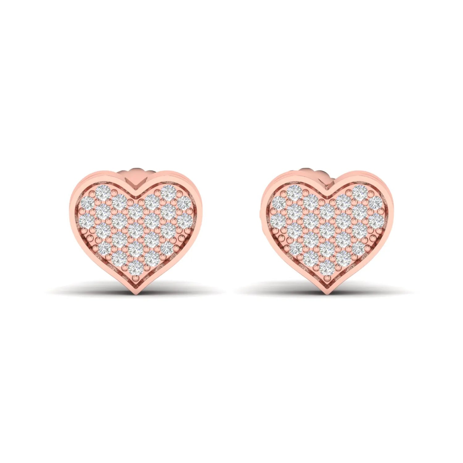 Heart-shaped pavé round cut lab grown diamond stud earrings with clustered diamonds, polished heart border, and secure screw back closure in a rose gold tone.