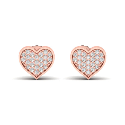 Heart-shaped pavé round cut lab grown diamond stud earrings with clustered diamonds, polished heart border, and secure screw back closure in a rose gold tone.