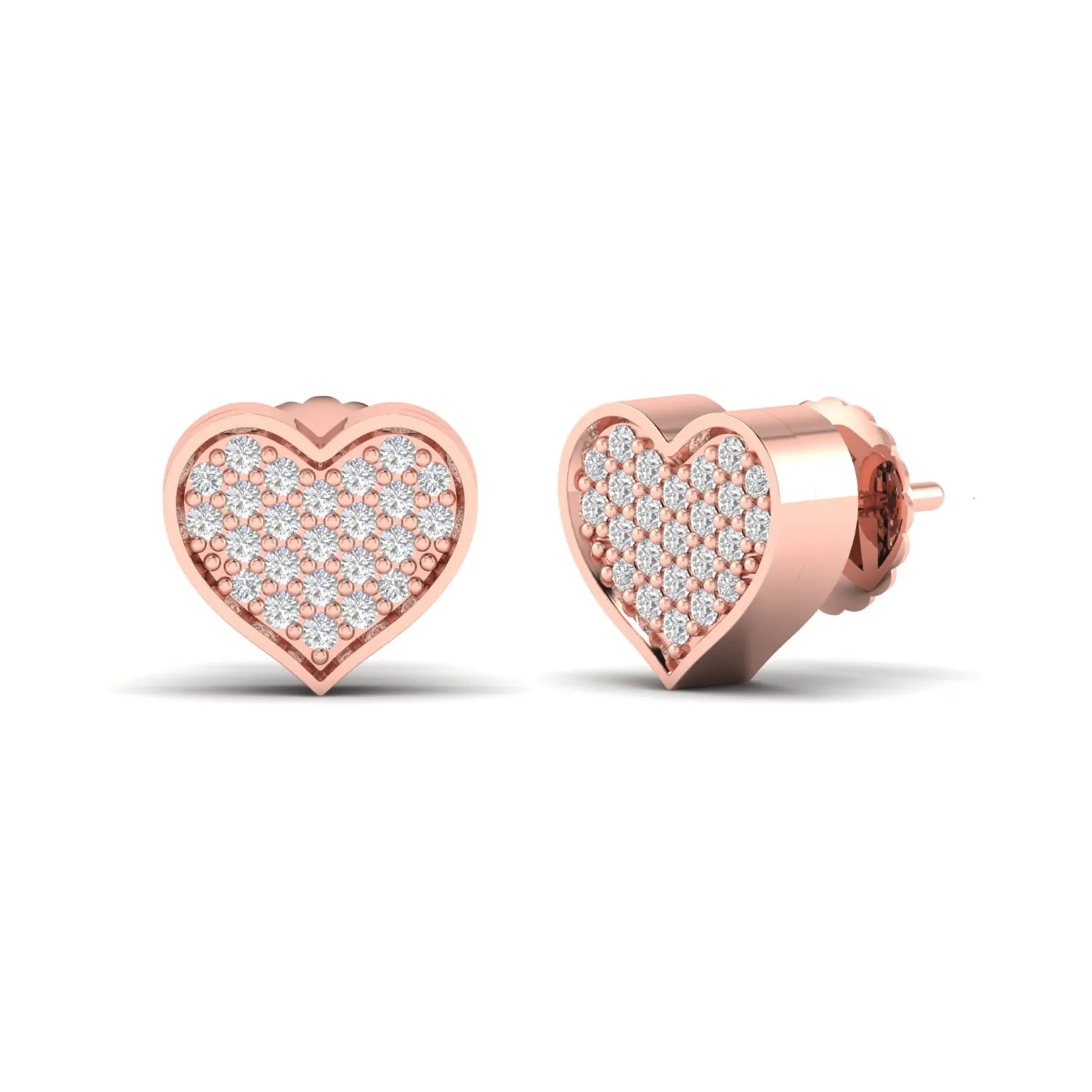 Heart-shaped pavé round cut lab grown diamond stud earrings with clustered diamonds, polished heart border, and secure screw back closure in a rose gold tone.