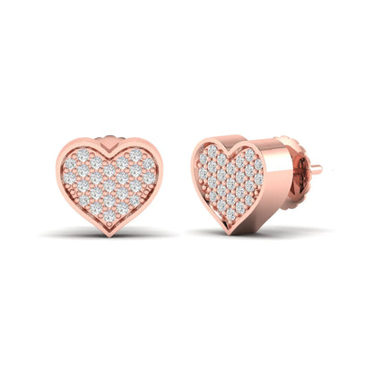 Heart-shaped pavé round cut lab grown diamond stud earrings with clustered diamonds, polished heart border, and secure screw back closure in a rose gold tone.