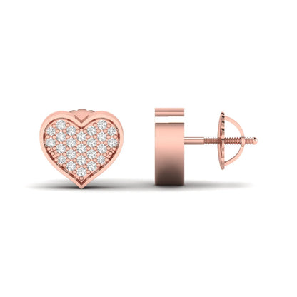 Heart-shaped pavé round cut lab grown diamond stud earrings with clustered diamonds, polished heart border, and secure screw back closure in a rose gold tone.
