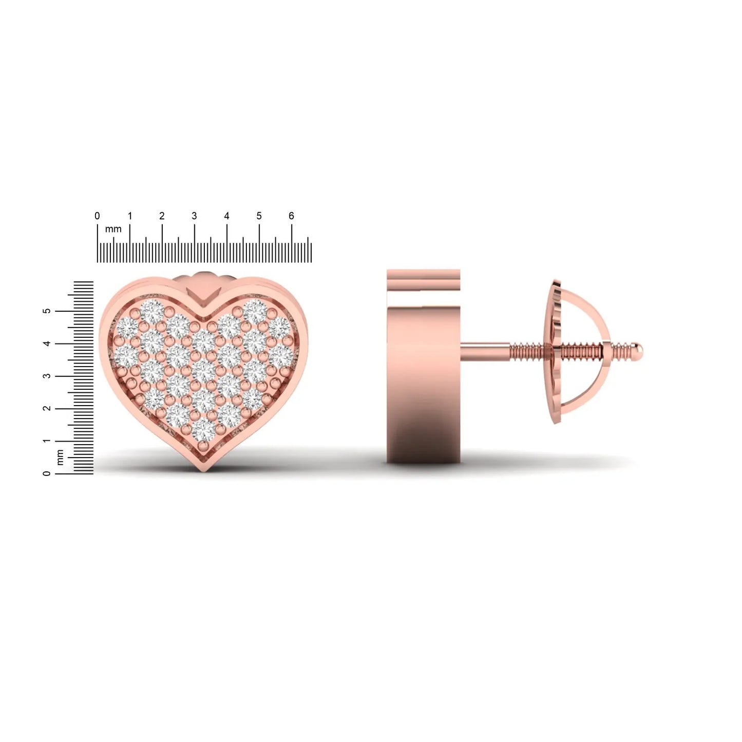 Heart-shaped pavé round cut lab grown diamond stud earrings with clustered diamonds, polished heart border, and secure screw back closure in a rose gold tone.