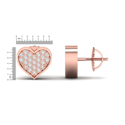 Heart-shaped pavé round cut lab grown diamond stud earrings with clustered diamonds, polished heart border, and secure screw back closure in a rose gold tone.