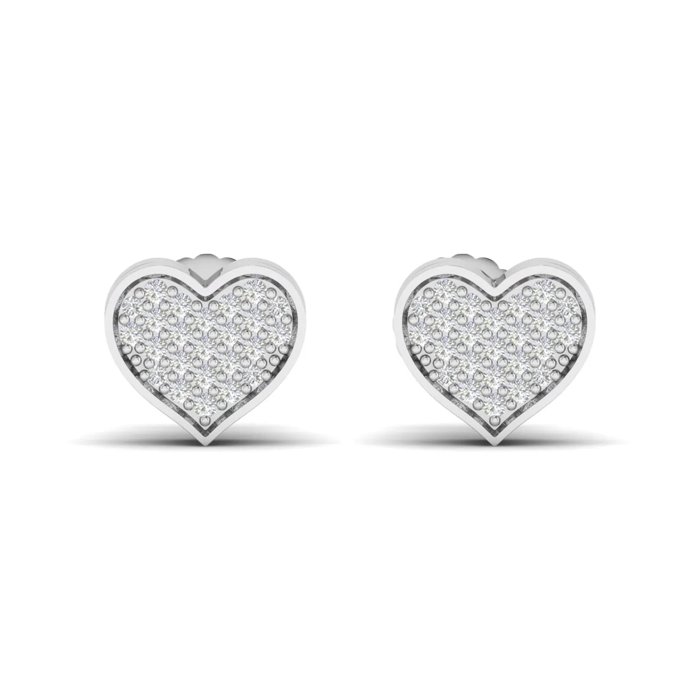 Heart-shaped pavé round cut lab grown diamond stud earrings with clustered diamonds, polished heart border, and secure screw back closure in a white gold tone.