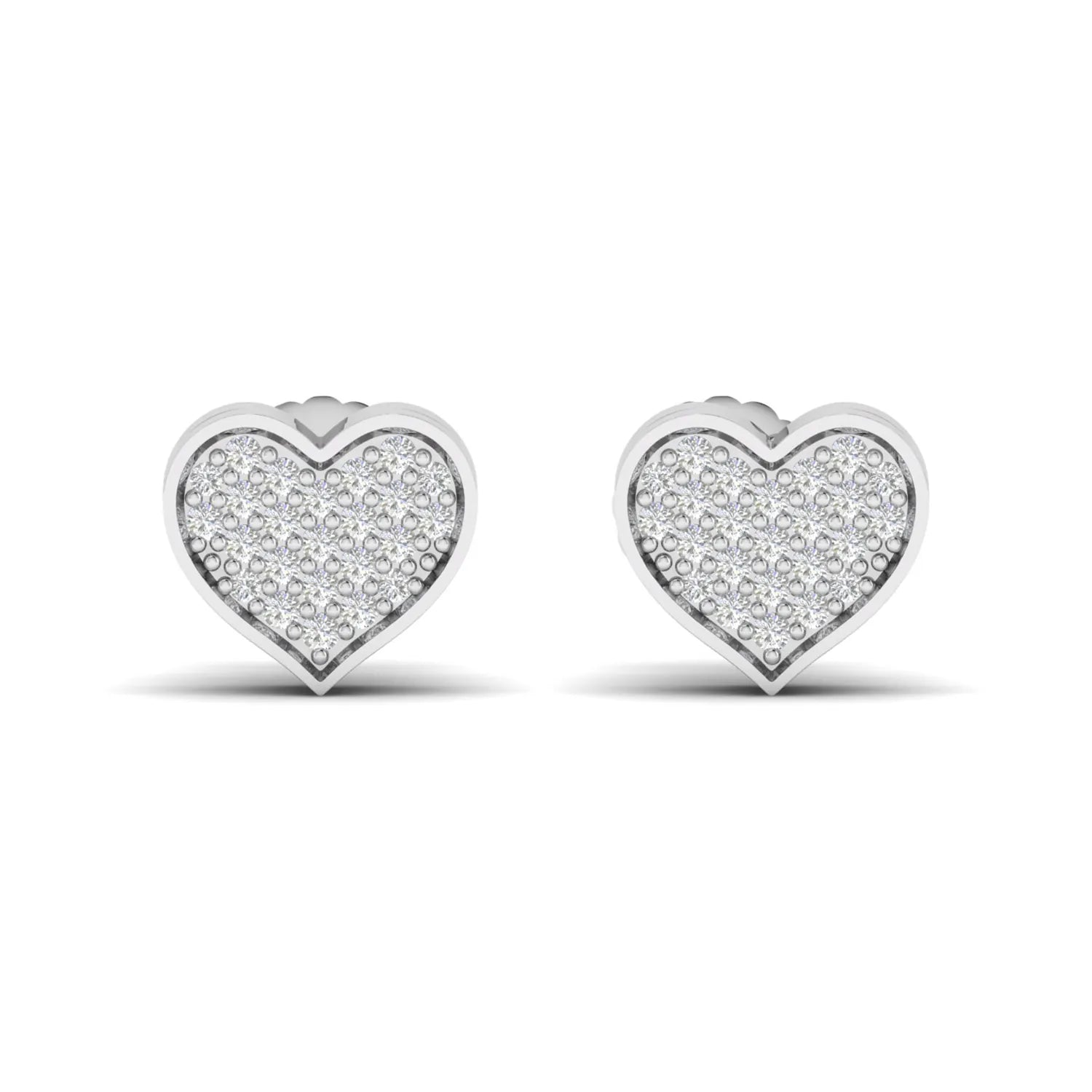 Heart-shaped pavé round cut lab grown diamond stud earrings with clustered diamonds, polished heart border, and secure screw back closure in a white gold tone.