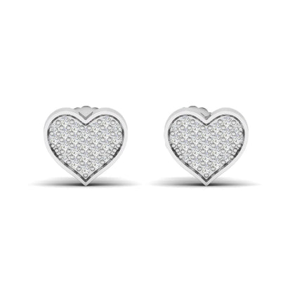 Heart-shaped pavé round cut lab grown diamond stud earrings with clustered diamonds, polished heart border, and secure screw back closure in a white gold tone.