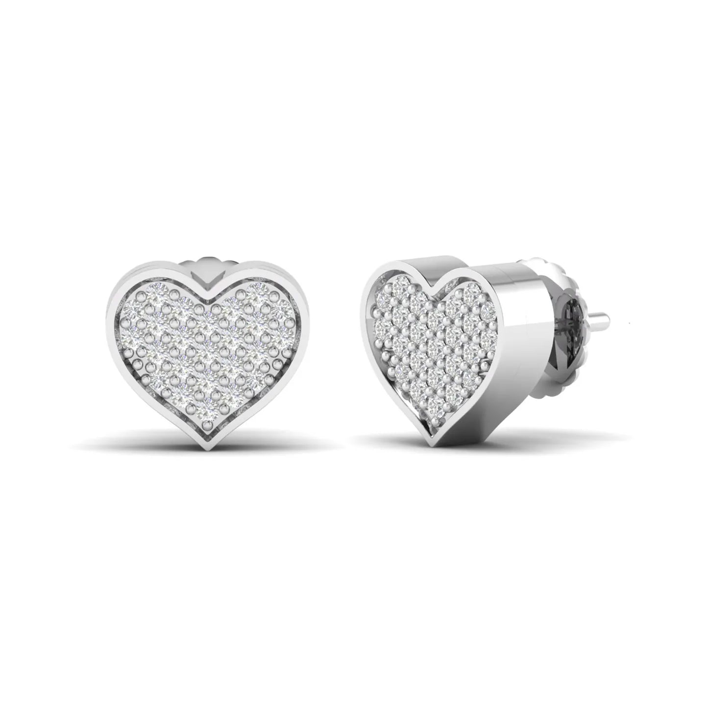 Heart-shaped pavé round cut lab grown diamond stud earrings with clustered diamonds, polished heart border, and secure screw back closure in a white gold tone.