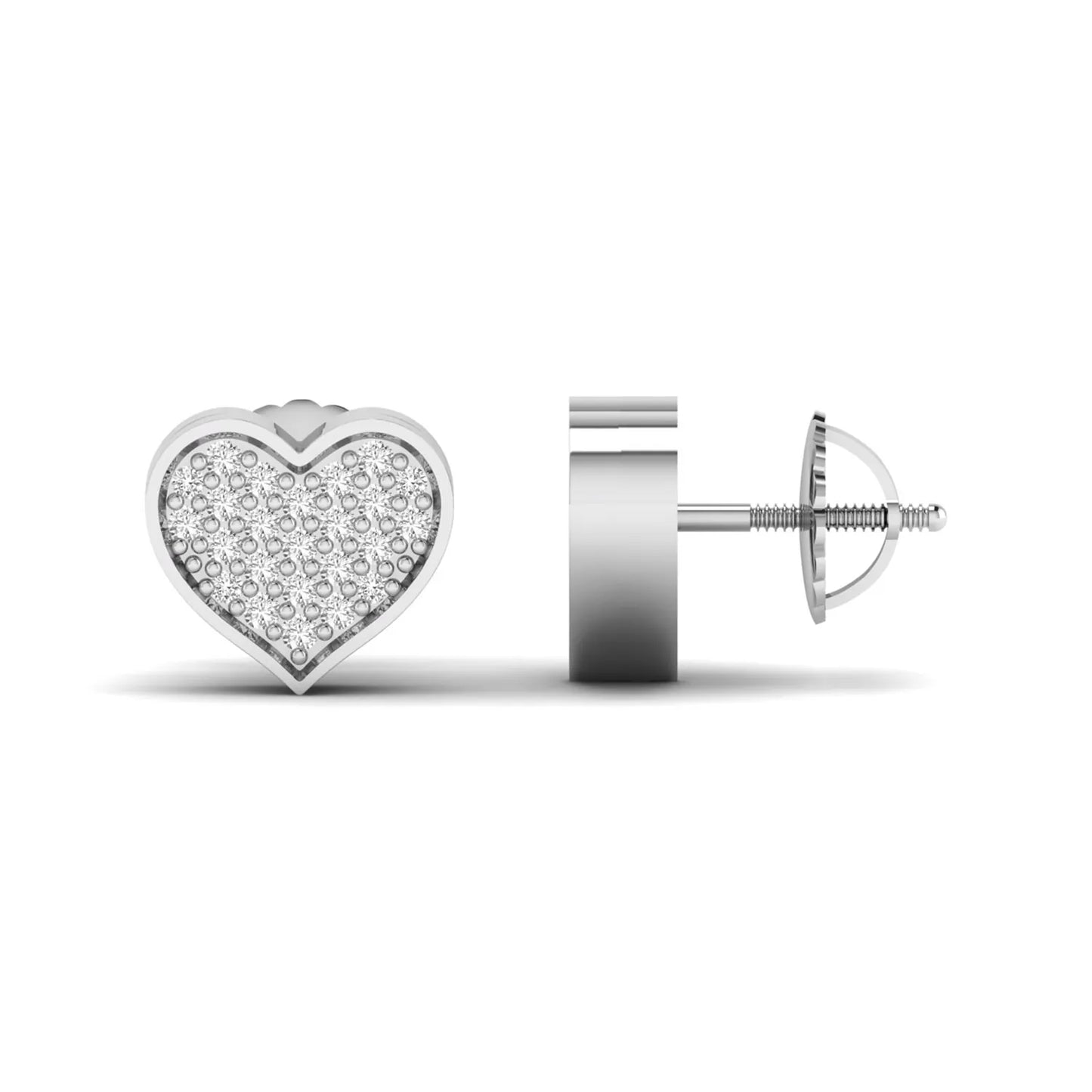 Heart-shaped pavé round cut lab grown diamond stud earrings with clustered diamonds, polished heart border, and secure screw back closure in a white gold tone.