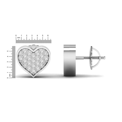 Heart-shaped pavé round cut lab grown diamond stud earrings with clustered diamonds, polished heart border, and secure screw back closure in a white gold tone.