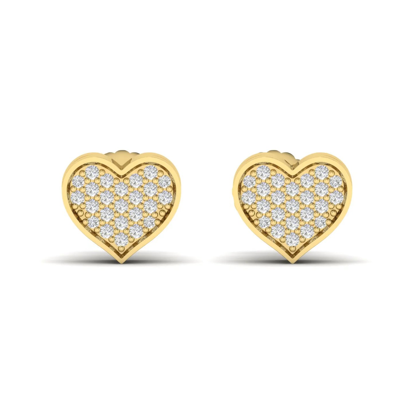 Heart-shaped pavé round cut lab grown diamond stud earrings with clustered diamonds, polished heart border, and secure screw back closure in a yellow gold tone.